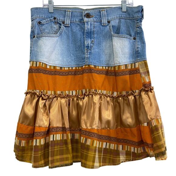 Vintage Levi's Boho Denim Ruffle Skirt Size 11 Mixed Print Tartan Plaid Stretch - Picture 1 of 8